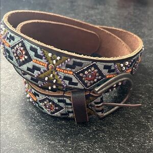 Lucky Brand Embroidered Beaded Leather Belt - Multicolor Accents